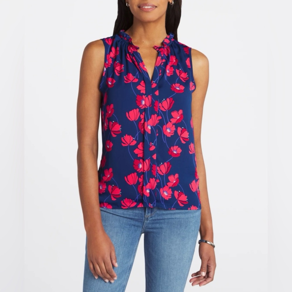 NWT 41 HAWTHORN SLEEVELESS RUFFLED NECK BLOUSE IN BLUE AND RED FLORAL - Picture 1 of 8